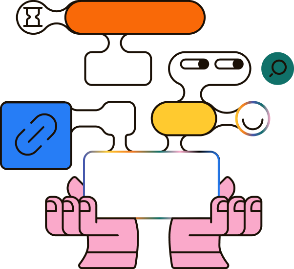Hands holding a screen with connected pipeline nodes